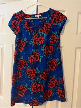 Gianni Bini Blue Floral Dress with Red Rose Accents